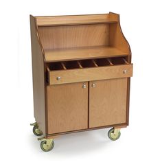 a small wooden cart with two drawers and wheels on one side, the other is empty