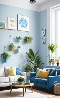 a living room with blue walls and potted plants