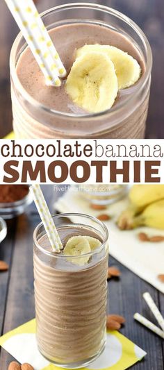 chocolate almond banana smoothie in a mason jar