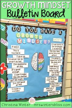 a bulletin board with the words growth minds written on it and an image of a brain