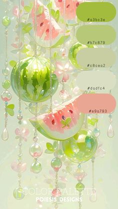 a bunch of watermelon slices hanging from a chandelier with drops of dew on them