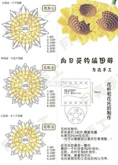 the instructions for crochet sunflowers are shown in english and chinese words