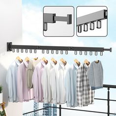 there is a rack with clothes hanging on the rail and another hanger holding shirts