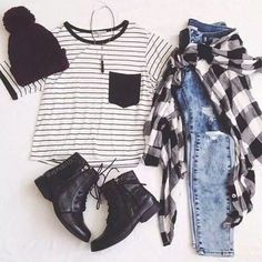 Grunge outfit idea nº5. Ripped jeans, plaid shirt, pin stripe undershirt, beanie, laced light-boots, black crystal necklace Cute Grunge Outfits, 2014 Aesthetic, Outfits With Striped Shirts, Beanie Outfit, Hipster Fashion, Outfit Goals, Clothes And Accessories, Outfits Casual