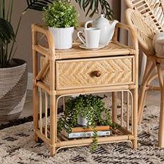 Curves and linear designs blend in natural brown finish rattan as this modern boho-inspired one-drawer nightstand impresses. 23 1/2" high x 17 3/4" wide x 11 3/4" deep. Weighs 9 lbs. Modern bohemian one-drawer rattan nightstand from Kobie collection by Baxton Studio. Style #3916C at Lamps Plus. Cali Apartment, Boho Nightstand, Boho Side Table, Rattan Nightstand, Bedroom 2024, Best Bedroom Designs, Bedroom Arrangement, Toddler Bedroom, Yellow House