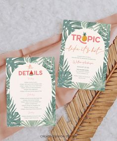 the tropical wedding stationery was designed with palm leaves, pineapples and watermelon