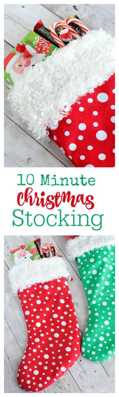 christmas stockings with the words 10 minute christmas stocking written in green and red on them