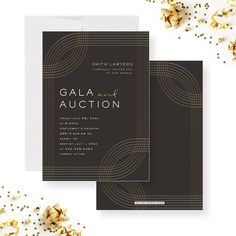 two black and white wedding cards with gold confetti