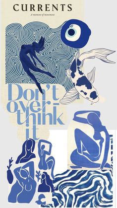 an advertisement for the art exhibition don't over think it, with blue and white images