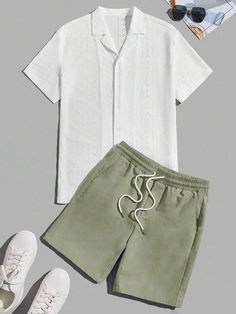 Manfinity Hypemode Loose Men Solid Button Front Sheer Shirt & Drawstring Waist Shorts | SHEIN USA Men's Summer Outfits, Vacation Outfits Men, Mens Beach Style, Beach Outfit Men, Shorts Collection, Summer Outfits 2024, Mens Casual Outfits Summer, Summer Shorts Outfits, Outfits Hombre