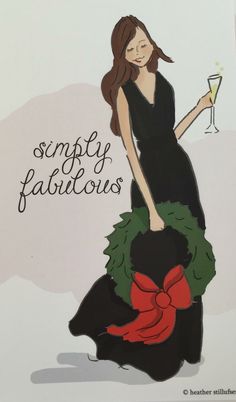 a woman in a black dress holding a wine glass with the words simply fabulous written on it