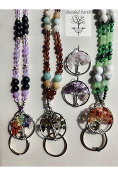 This personalized lanyard is made in the USA by me, a teacher, and I have created these lanyards for anyone searching for a natural stone lanyard that is functional and beautiful!  With your choice of natural beaded stones, Tree of Life Pendant, bicone crystals, and glass beads you are sure to find a combination to your liking! Every lanyard comes with a matching pair of sterling silver hypoallergenic earrings! The lanyards are handmade with a safety clasp to avoid hurting your neck if it is caught on an object or pulled. However, there is no need to use the clasps for everyday removal just simply pull the lanyard over your head. Please be advised that tugging or snapping the clasps continuously will ruin, the integrity of the clasps.  If you would prefer to use the clasp when removing you Personalized Lanyard, Nurse Lanyard, Lanyard Teacher, Id Lanyard, Beaded Lanyard, Teacher Lanyard, Key Lanyard, Beaded Lanyards, Tree Of Life Pendant