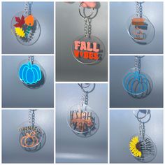 six different key chains with the words fall vibes on them