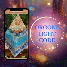 an image of a cell phone with the words organe light code on it next to a photo of a piece of cake