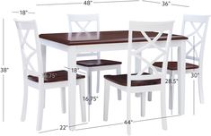 a table and chairs with measurements for each chair