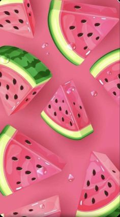 slices of watermelon on a pink background with black dots in the bottom right corner