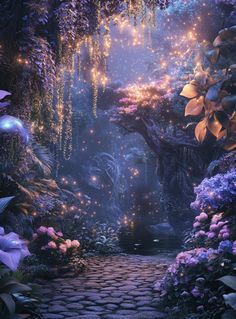 an image of a fantasy forest scene with flowers and fairy lights in the sky above