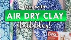 an advertisement for air dry clay bubbles in front of some blue and white vases