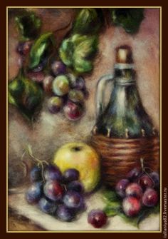 an oil painting of grapes, apples and a bottle