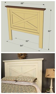 the measurements for a bed frame and headboard are shown in two different positions, one with