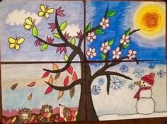 three paintings depicting snowmen and trees with flowers