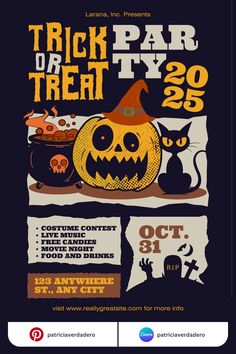 a flyer for trick or treat with pumpkins and witches on it, including the words trick