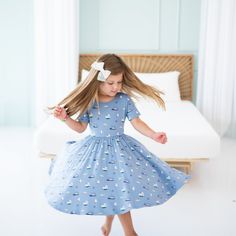 Cut from soft, stretchy bamboo fabric, this twirl dress features a full skirt so your toddler can spin in style. The classic design of the dress can easily be dressed up or down, making it the perfect everyday outfit. 97% Rayon made from Bamboo, 3% Spandex 240 gsm creates a flattering drape Ballerina neckline Model is 44" and 43 lbs, wearing 6T Boats, Vintage Boats, Twirl Dress, Vintage Baseball, Everyday Outfit, Bamboo Fabric, Full Skirt, Everyday Outfits, Classic Design