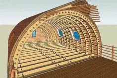 an artist's rendering of the inside of a wooden structure with benches and railings