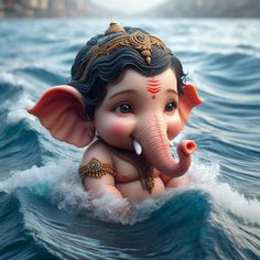 an elephant statue sitting on top of a body of water with its trunk in the air