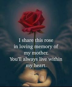 a person holding a red rose in their hand with the words i share this rose in loving memory of my mother you'll always live within my heart