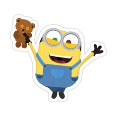 a minion holding a teddy bear in the air