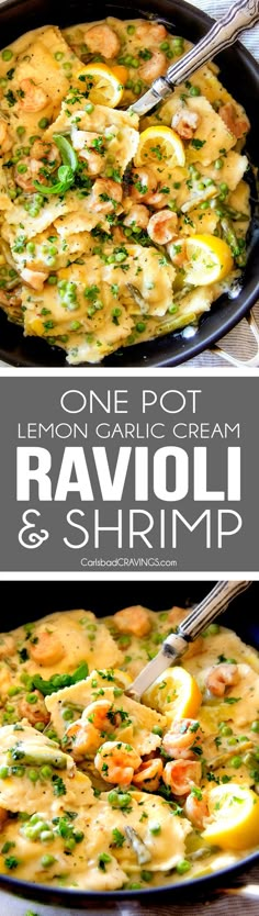 one pot lemon garlic cream ravioli and shrimp in a skillet with two servings