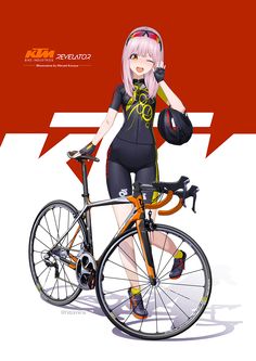 an anime character is standing next to a bike with her hand on the handlebars