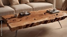 a wooden table with two cups on it in front of a couch and coffee table