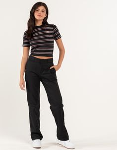 DICKIES Womens Work Pants - BLACK | Tillys Black Stretchy Pants Outfit, Styling Dickies Pants Women, Woman’s Dickies Outfits, Womens Dickies Pants, Cargo Work Pants Women, Women's Work Pants, Dickies Women’s Outfits, Black Dickies Pants Outfits Women, Tall Pants For Women