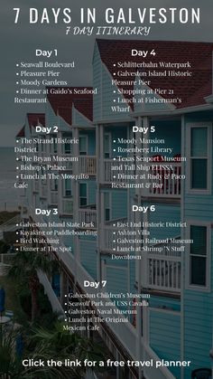 the seven days in galveston info sheet is shown with information for each section