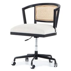 a black and white office chair with a caned back, on casteor wheels