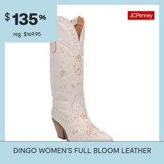 Step into your fullest form with Dingo 1969's full bloom leather boot. With a 13-inch height and 2 and 1/2 inch heel, this embroidered floral boot elevates any outfit to its highest and most lively potential.Features: EmbroideredClosure Type: Pull OnShaft Circumference: 13 InchesBoot Shaft Height: 13 InchesShoe Heel Height: 2 1/2 InchesUpper/Outer Base Material: 100% LeatherShoe Lining Material: PolyesterSole Material Content: 100% Thermoplastic-RubberCalf Width: RegularToe Type: Closed Toe, Po… Bridal Cowboy Boots, Cowboy Boots White, Heel Cowboy Boots, Floral Boots, Boots White, Boots Cowboy, 2 Inch Heels, Stacked Heel, Cowboy Boots