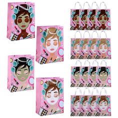 six bags with different images of women's face and hair on them, all decorated in pink