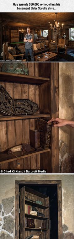 the inside of a wooden house with many different pictures