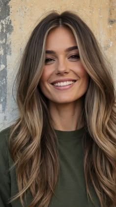 Fall Blonde Brunette Hair Color, Long Haircut Balayage, Brunette With Honey Balayage, Brunette Fall Highlights, Mushroom Brown Hair Highlights, Brunette Hair With Carmel Highlights, Natural Brown Hair With Dimension, Dark Cool Brown Hair With Highlights, Fall Brown Hair With Highlights