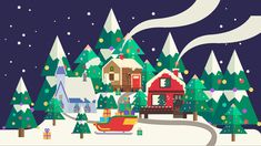 a cartoon christmas scene with santa's sleigh and houses