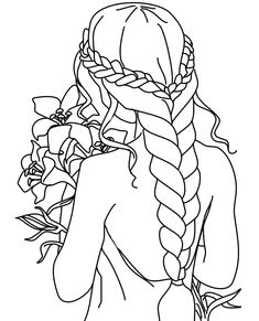 a girl with long hair and braids holding flowers in her hand coloring pages for kids