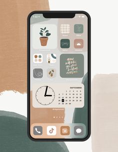 an iphone screen with various icons on it and a plant in the center, as well as a calendar