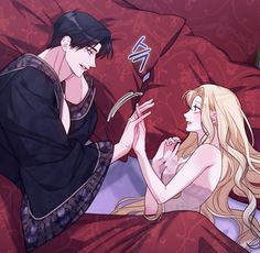 a woman laying in bed next to a man with long blonde hair holding a knife