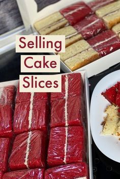 red velvet cake slices are on display for sale at a store with the words selling cake slices above them