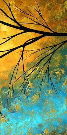 an abstract painting with gold and blue colors on the bottom, black branches in the foreground