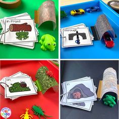 four pictures showing different activities for children to do with their own hands, including sorting and sorting