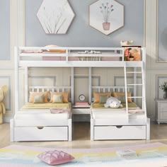 a white bunk bed with drawers underneath it