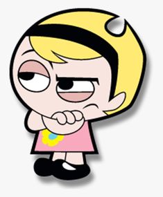 the cartoon character is pointing her finger at something in front of her face, with one eye